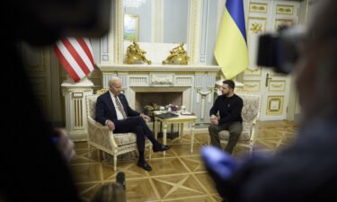 President Joe Biden meets with Ukrainian President Volodymyr Zelensky at the Ukrainian presidential palace on February 20