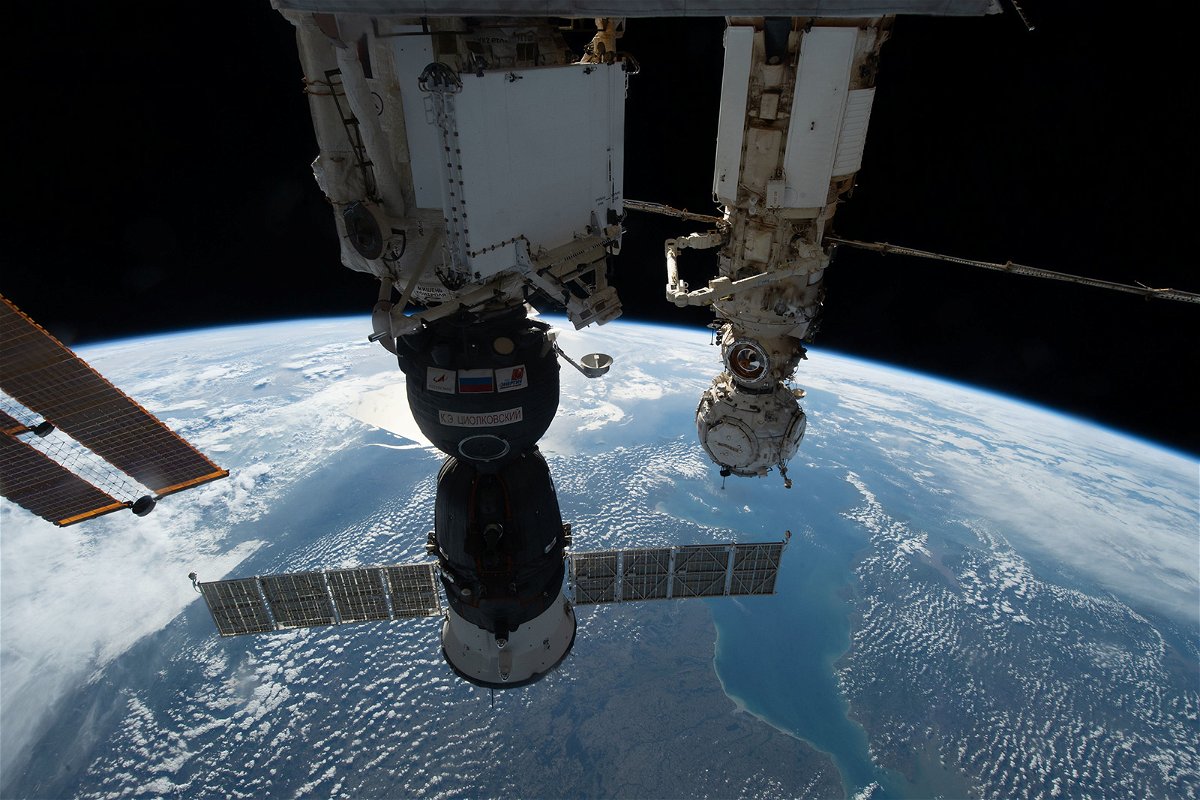 <i>NASA</i><br/>The Soyuz MS-22 (foreground) is pictured here in October docked to a module of the International Space Station