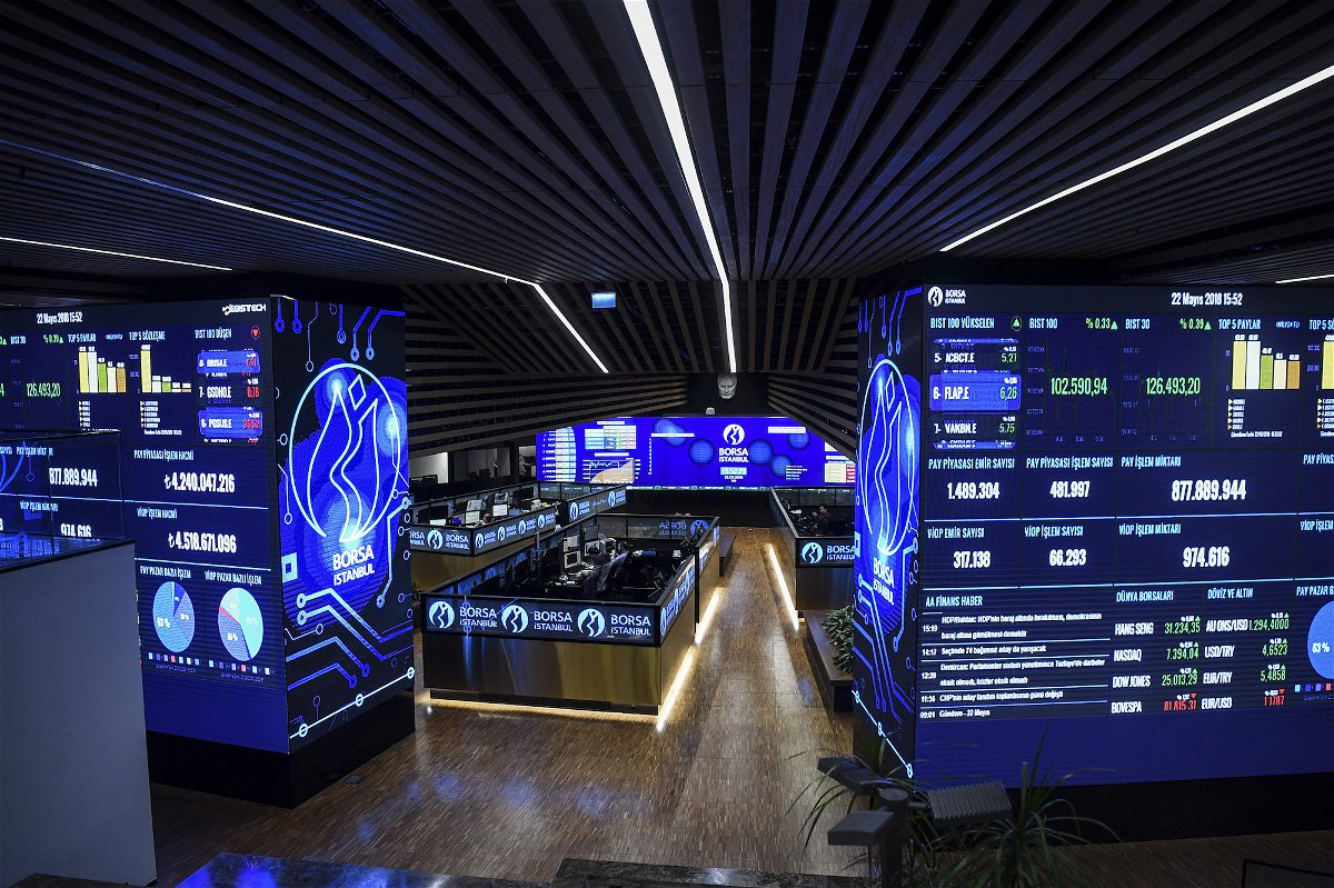 <i>Ozan Kose/AFP/Getty Images/FILE</i><br/>Trading on Istanbul's stock exchange was halted Wednesday after the earthquake leads to sharp selloff. Pictured is the Borsa Istanbul in May 2018