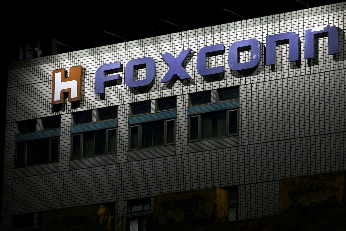 <i>Ann Wang/Reuters</i><br/>The logo of Foxconn is seen outside the company's building in Taipei