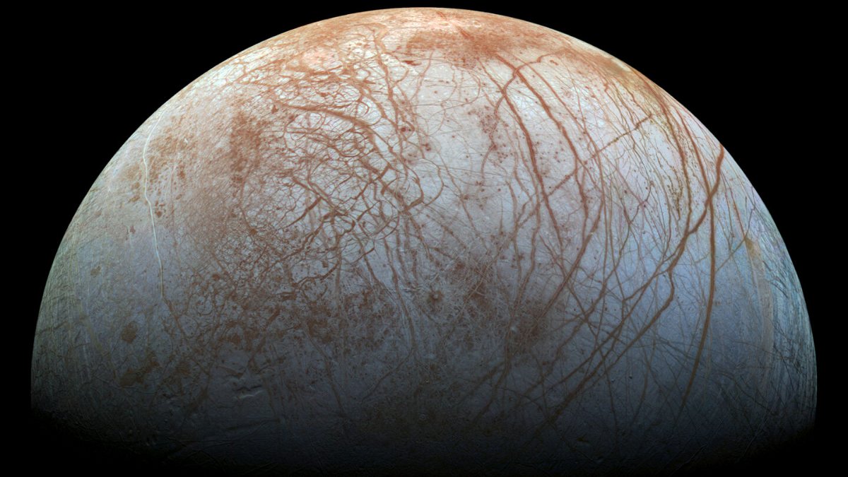 <i>NASA/JPL-Caltech/SETI Institute</i><br/>Jupiter's moon Europa hosts a subsurface ocean beneath a thick shell of ice