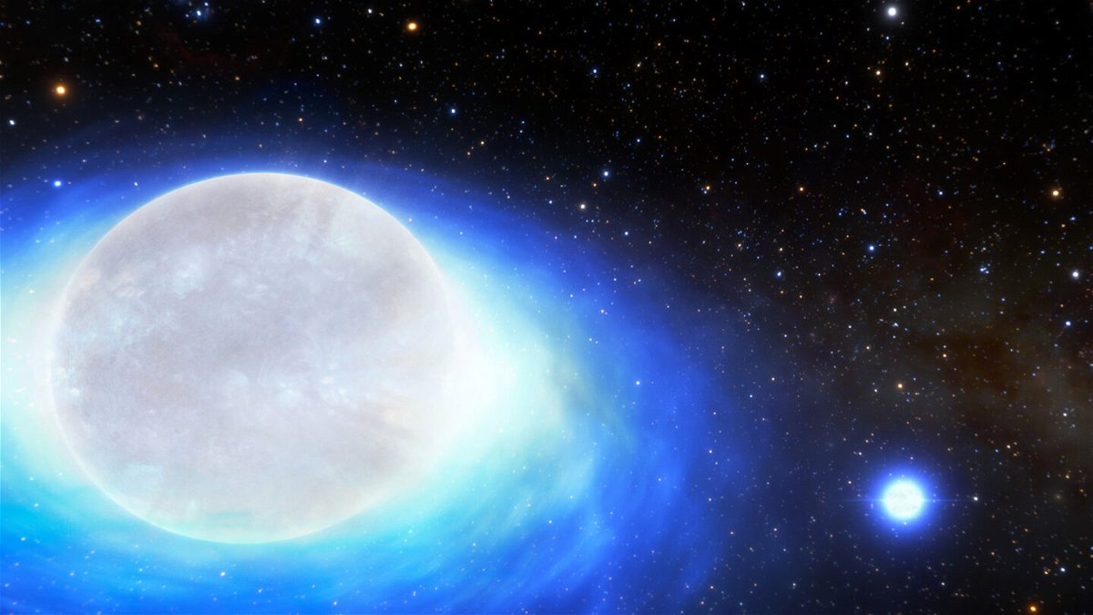 <i>CTIO/NOIRLab/NSF/AURA/J. da Silva</i><br/>This artist's impression of a rare binary star system discovered in the Milky Way is seen here. The secondary Be-type star (left) has swelled in size due to material released by the primary star (right).