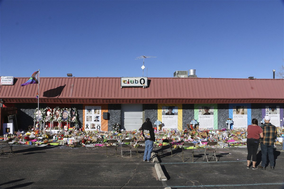 <i>Brett Forrest/SIPA/AP/FILE</i><br/>The Colorado Springs nightclub Club Q has announced plans to reopen this year. Pictured is a makeshift memorial outside Club Q days after the shooting.