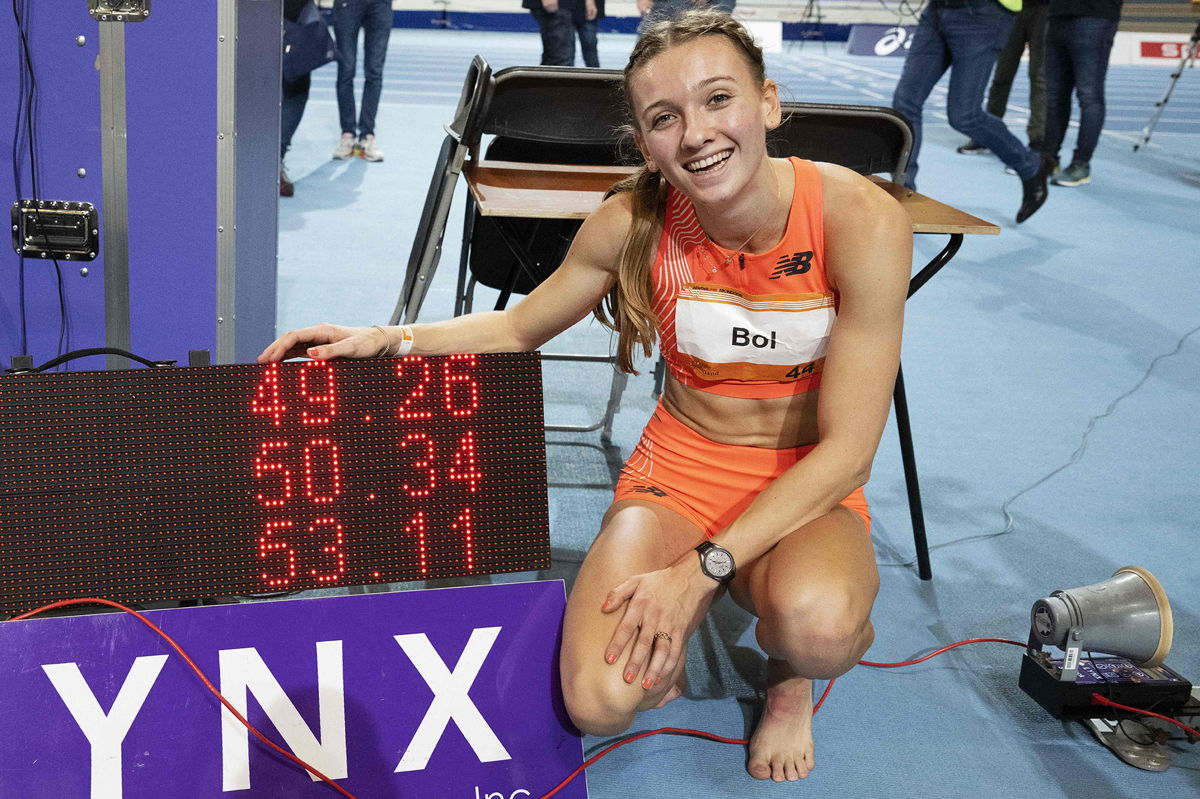 <i>Olaf Kraak/ANP/AFP/Getty Images</i><br/>Femke Bol celebrates after winning the women's 400 meters race and beating a 41-year-old world record.