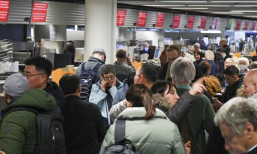 Numerous passengers queue in front of a Lufthansa information desk at Frankfurt Airport in Frankfurt
