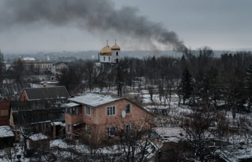 Black smoke rises after shelling in the eastern Ukrainian city of Bakhmut amid the Russian invasion of Ukraine on February 3. An American volunteer aid worker was killed in Bakhmut on February 2 while aiding civilians.