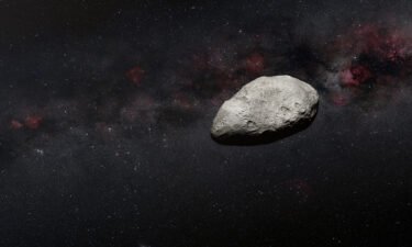An artist's illustration depicts an irregularly shaped gray asteroid similar to the new object spotted by the Webb telescope.