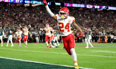 Skyy Moore of the Kansas City Chiefs celebrates after scoring on a 4 yard touchdown pass during the third quarter against the Philadelphia Eagles in Super Bowl LVII at State Farm Stadium on February 12 in Glendale