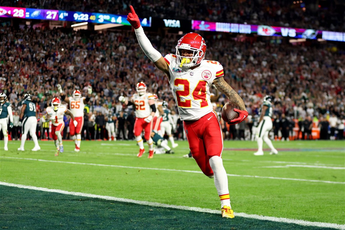<i>Christian Petersen/Getty Images</i><br/>Skyy Moore of the Kansas City Chiefs celebrates after scoring on a 4 yard touchdown pass during the third quarter against the Philadelphia Eagles in Super Bowl LVII at State Farm Stadium on February 12 in Glendale