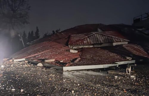 A view of a destroyed building is pictured here after a 7.4 magnitude earthquake jolts Turkey's Kahramanmaras province
