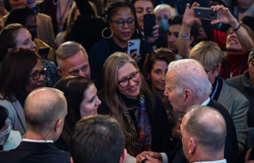 President Joe Biden greets supporters after speaking at the DNC meeting in Philadelphia on February 3.