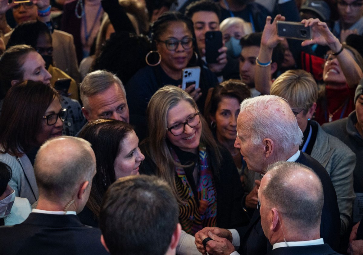 <i>Andrew Caballero-Reynolds/AFP/Getty Images</i><br/>President Joe Biden greets supporters after speaking at the DNC meeting in Philadelphia on February 3.