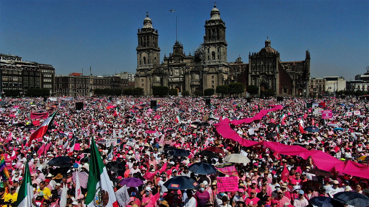 <i>Fernando Llano/AP</i><br/>People protest against recent reforms pushed by Mexican President Andres Manuel Lopez Obrador in Mexico City.