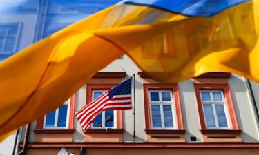 The Ukrainian flag is seen in front of the US Consulate General in Krakow