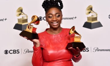 Samara Joy poses wither her trophies at the Grammys on Feb. 5.