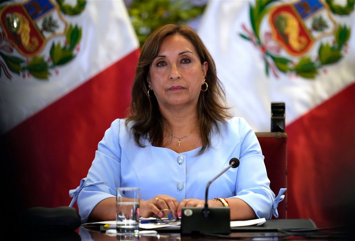 <i>Martin Mejia/AP</i><br/>Peruvian President Dina Boluarte gives a press conference at the government palace in Lima