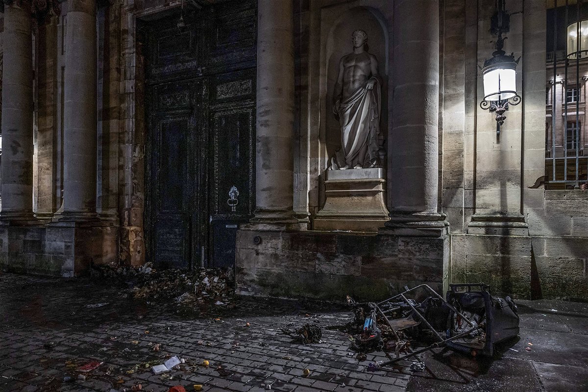 <i>Philippe Lopez/AFP/Getty Images</i><br/>The gate of the Bordeaux city hall is pictured here after it was set on fire during a demonstration on a national day of action