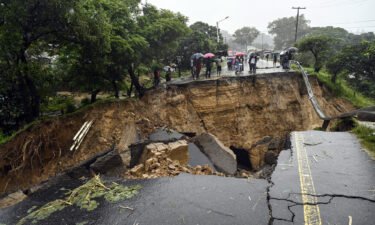 A road connecting the two cities of Blantyre and Lilongwe is seen damaged following heavy rains caused by Tropical Cyclone Freddy in Blantyre