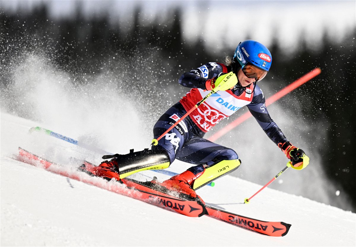 <i>Pontus Lundahl/TT News Agency/AFP/Getty Images</i><br/>Mikaela Shiffrin competes during the first run of the women slalom competition during the Alpine World Cup on March 11.