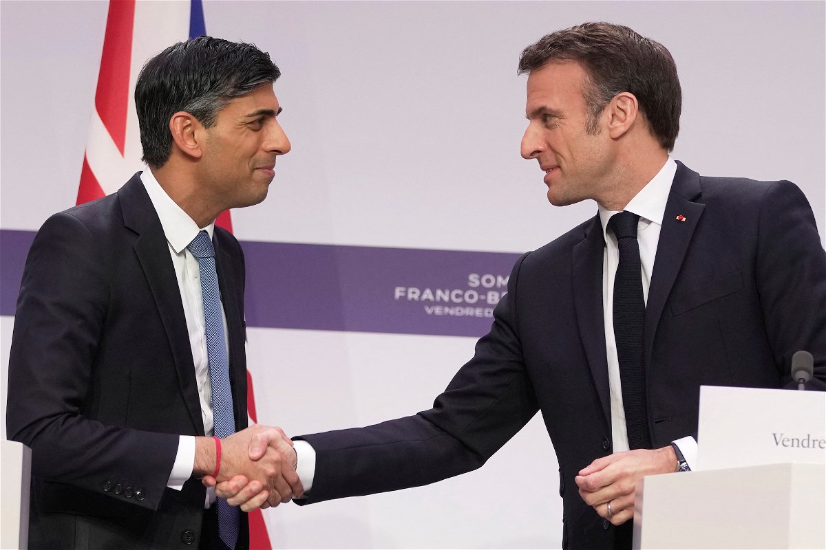 <i>Kin Cheung/Pool/Reuters</i><br/>Britain's Prime Minister Rishi Sunak and French President Emmanuel Macron at the Elysee Palace in Paris on Friday.