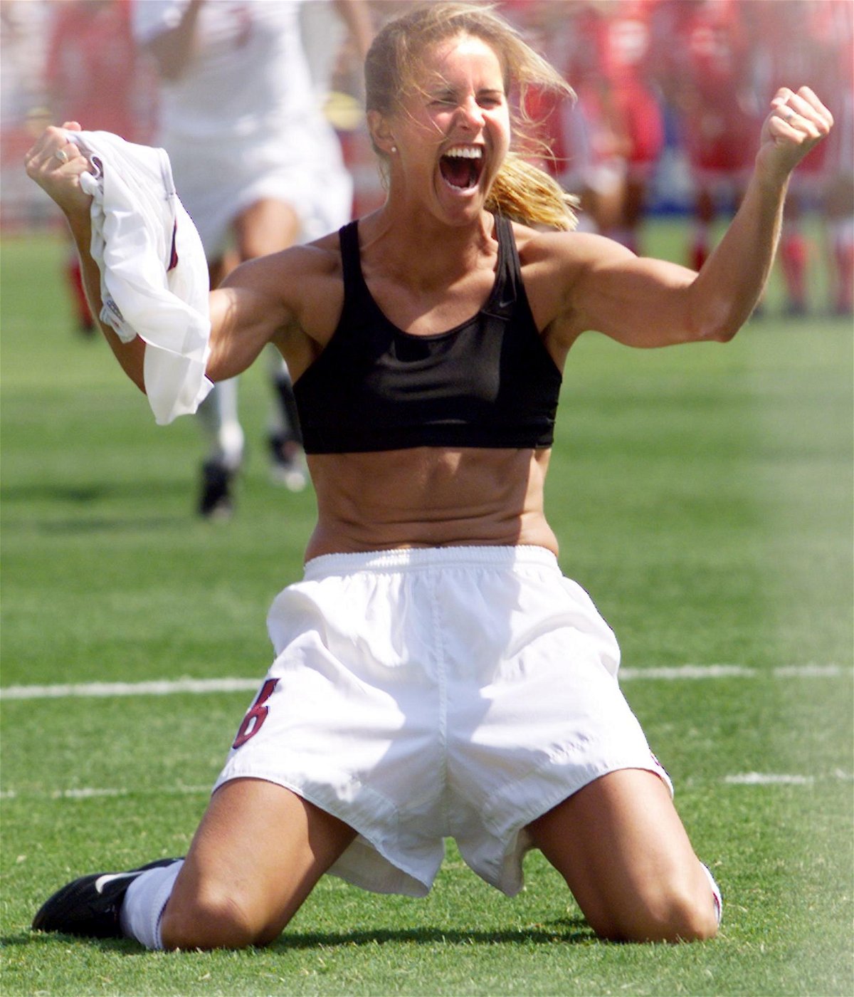 <i>HECTOR MATA/AFP/AFP/Getty Images</i><br/>Brandi Chastain celebrates after scoring in the penalty shootout in the  Women's World Cup final in 1999.