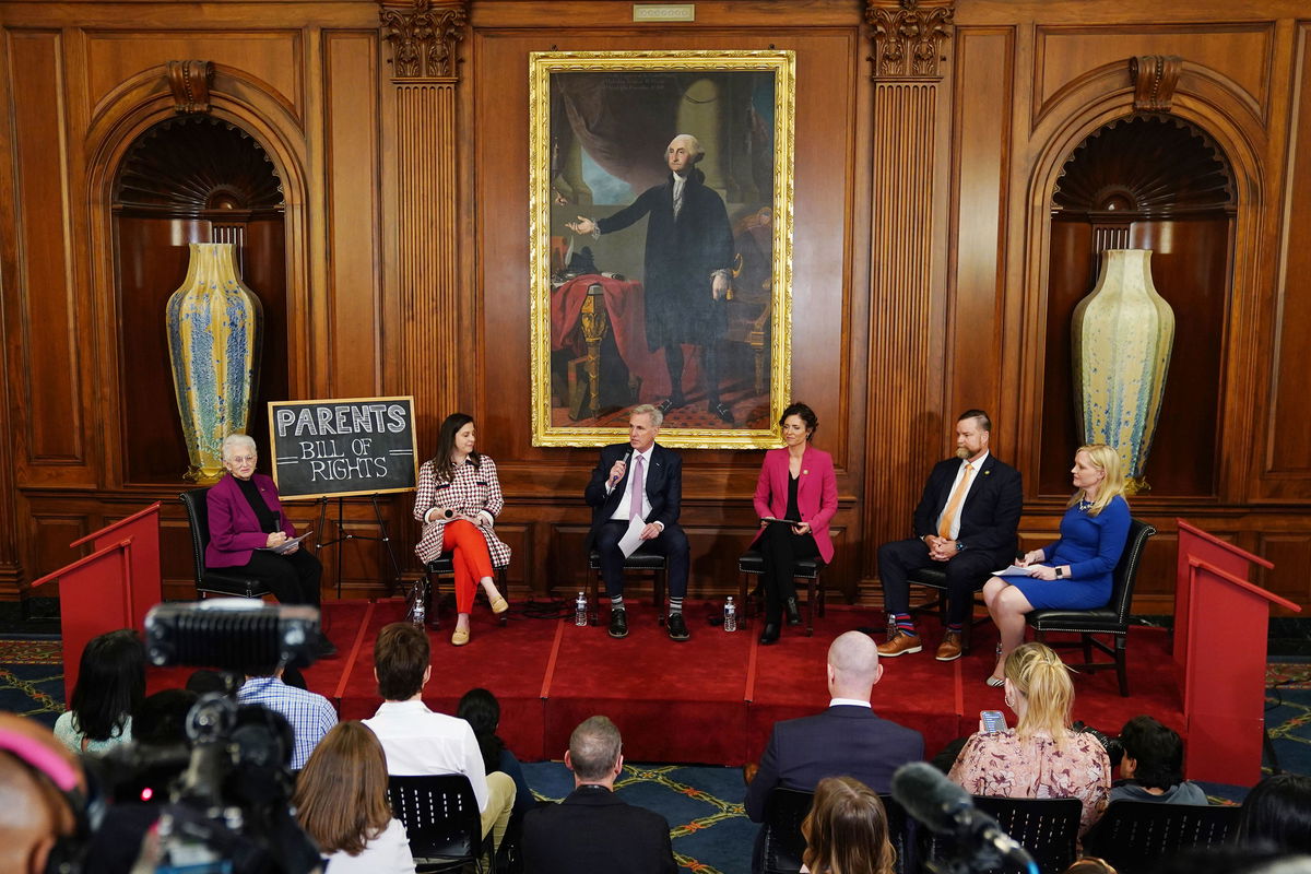 <i>Will Oliver/EPA-EFE/Shutterstock</i><br/>House Speaker Kevin McCarthy (center) speaks at the US Capitol in Washington on March 1.