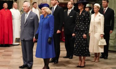 Britain's King Charles III leads members of the royal family into Westminster Abbey for the Commonwealth Day service ceremony on March 13.