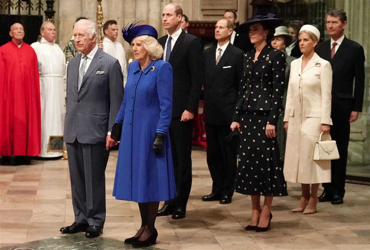 <i>Jordan Pettitt/Pool/AFP/Getty Images</i><br/>Britain's King Charles III leads members of the royal family into Westminster Abbey for the Commonwealth Day service ceremony on March 13.