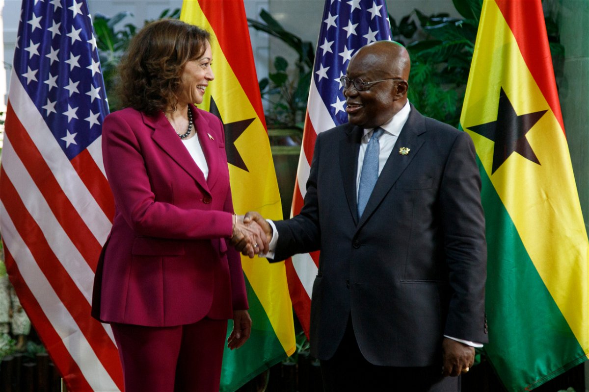 <i>Misper Apawu/AP</i><br/>US Vice President Kamala Harris is welcomed by Ghana President Nana Akufo-Addo in Accra