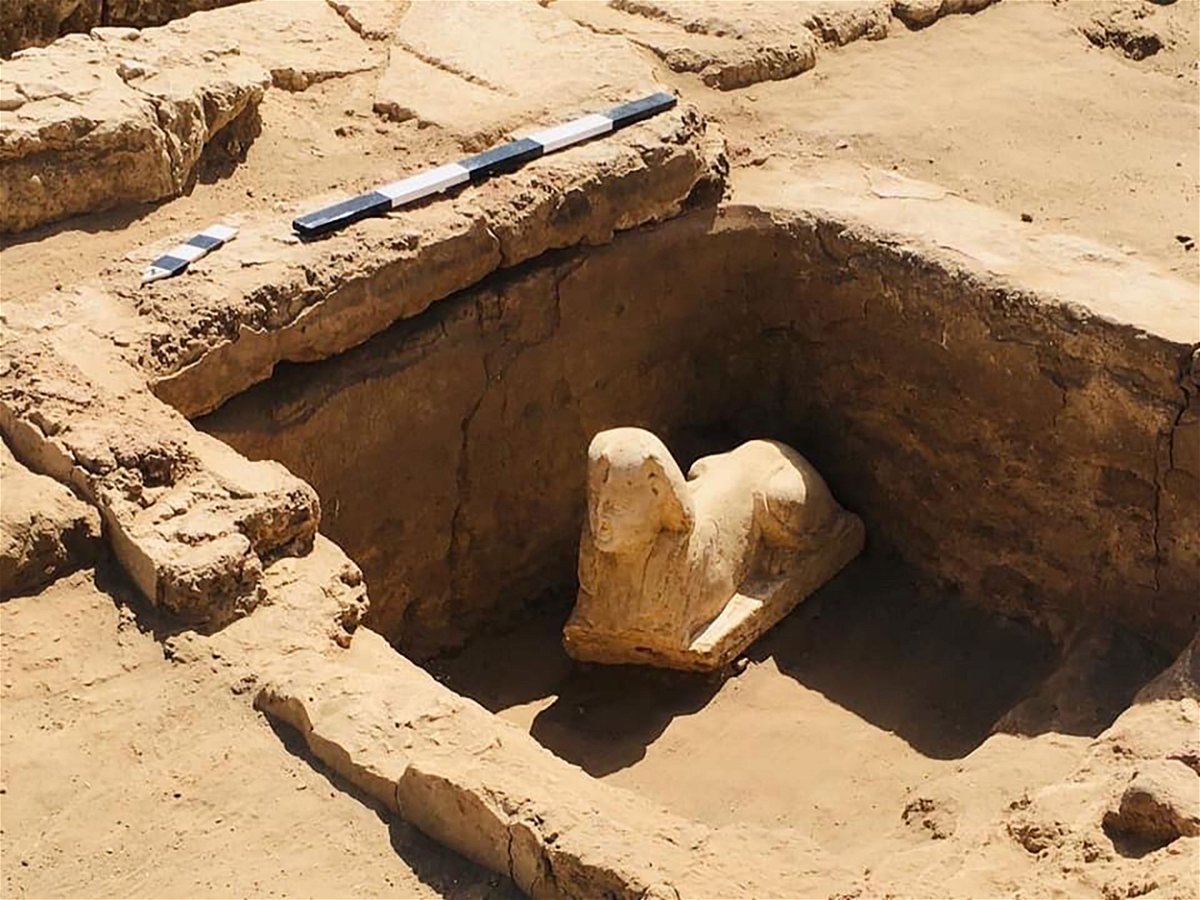 <i>From Ministry of Tourism and Antiquities/Facebook</i><br/>The smiling sculpture and the remains of a shrine were found during a university excavation mission in Qena