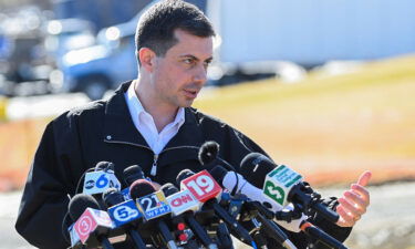 Transportation Secretary Pete Buttigieg is pictured in East Palestine