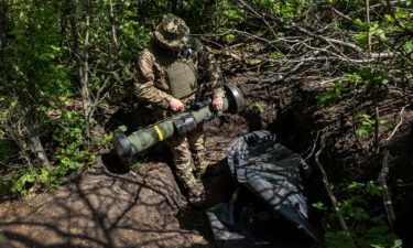 A Ukrainian Army soldier places a US-made Javelin missile in a fighting position on the frontline on May 20