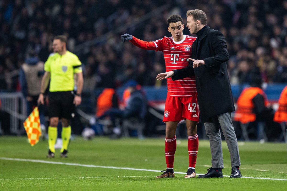 <i>Markus Gilliar/GES Sportfoto/Getty Images</i><br/>Julian Nagelsmann (right) gives instructions to Bayern's Jamal Musiala during the UEFA Champions League on February 14 in Paris