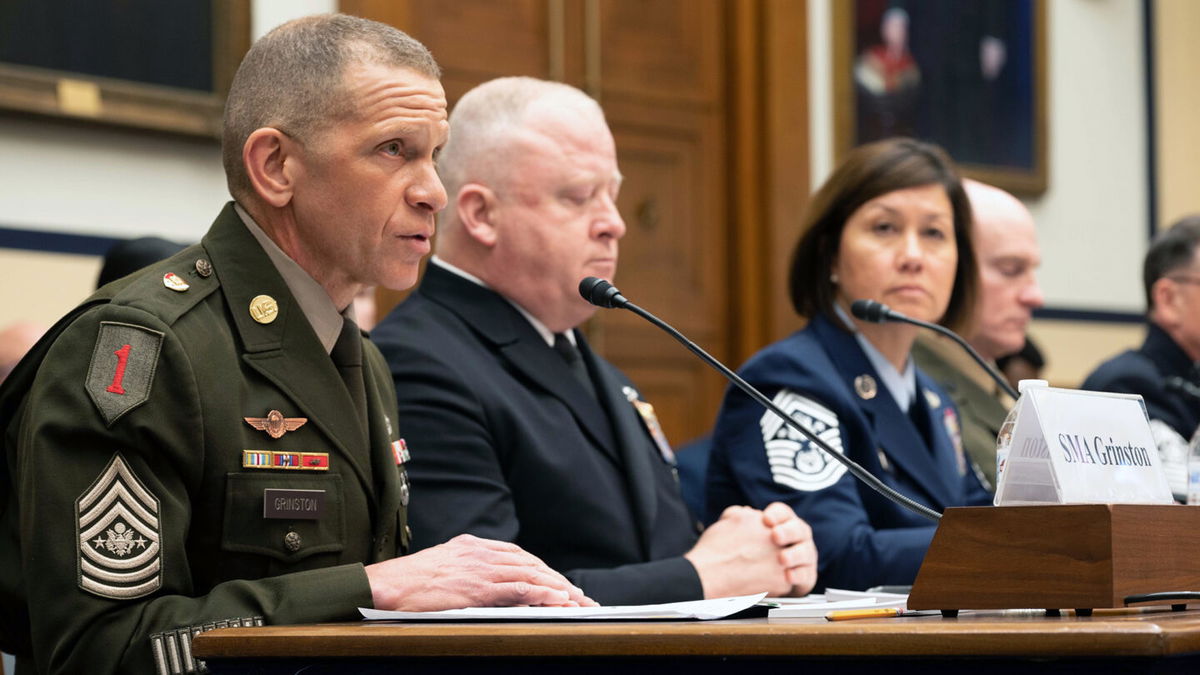 <i>Senior Chief Mass Communication Specialist Anastasia McCarroll/US Navy</i><br/>Sgt. Maj. of the Army Michael Grinston testifies during the House Armed Services Committee