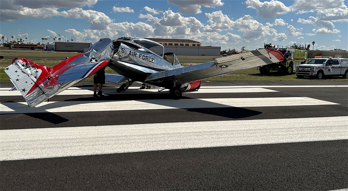 <i>Mesa Fire and Medical Department</i><br/>The Mesa Fire and Medical Department released this photo of an aircraft involved in a collision while participating in an aerial demonstration at Falcon Field in Mesa