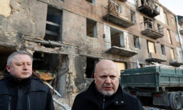 International Criminal Court (ICC) Prosecutor Karim Khan and Ukrainian Prosecutor General Andriy Kostin visit the site of a residential building damaged by a Russian missile strike in the town of Vyshhorod