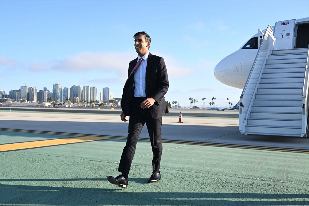 <i>Leon Neal/Getty Images</i><br/>British Prime Minister Rishi Sunak arrives at San Diego International Airport on March 12