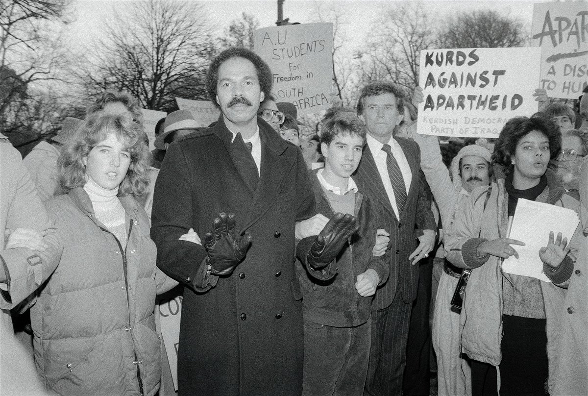 <i>Bettmann Archive/Getty Images</i><br/>Randall Robinson (center) is seen here during a demonstration against South African government's apartheid policies at the South African Embassy in Washington