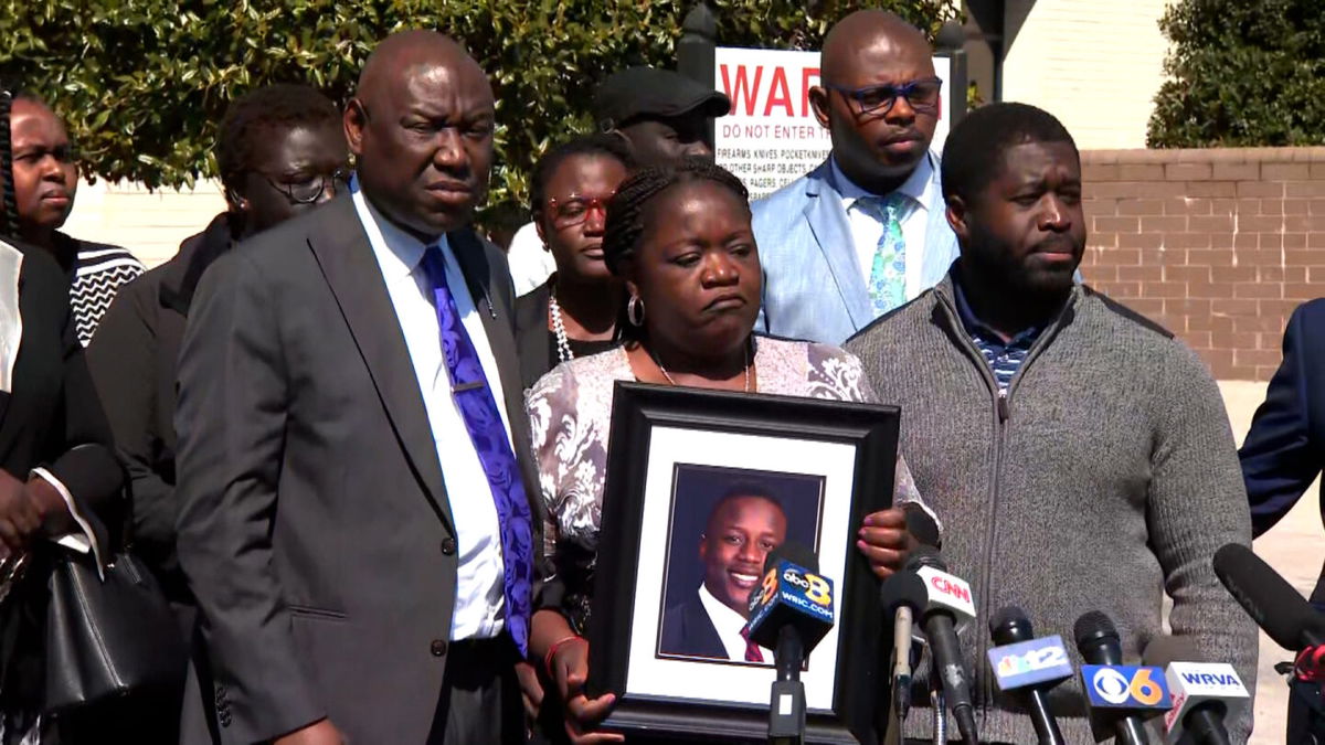 <i>CNN</i><br/>Attorney Ben Crump (left) is pictured here at a press conference on March 16 alongside members of Irvo Otieno's family in Dinwiddie