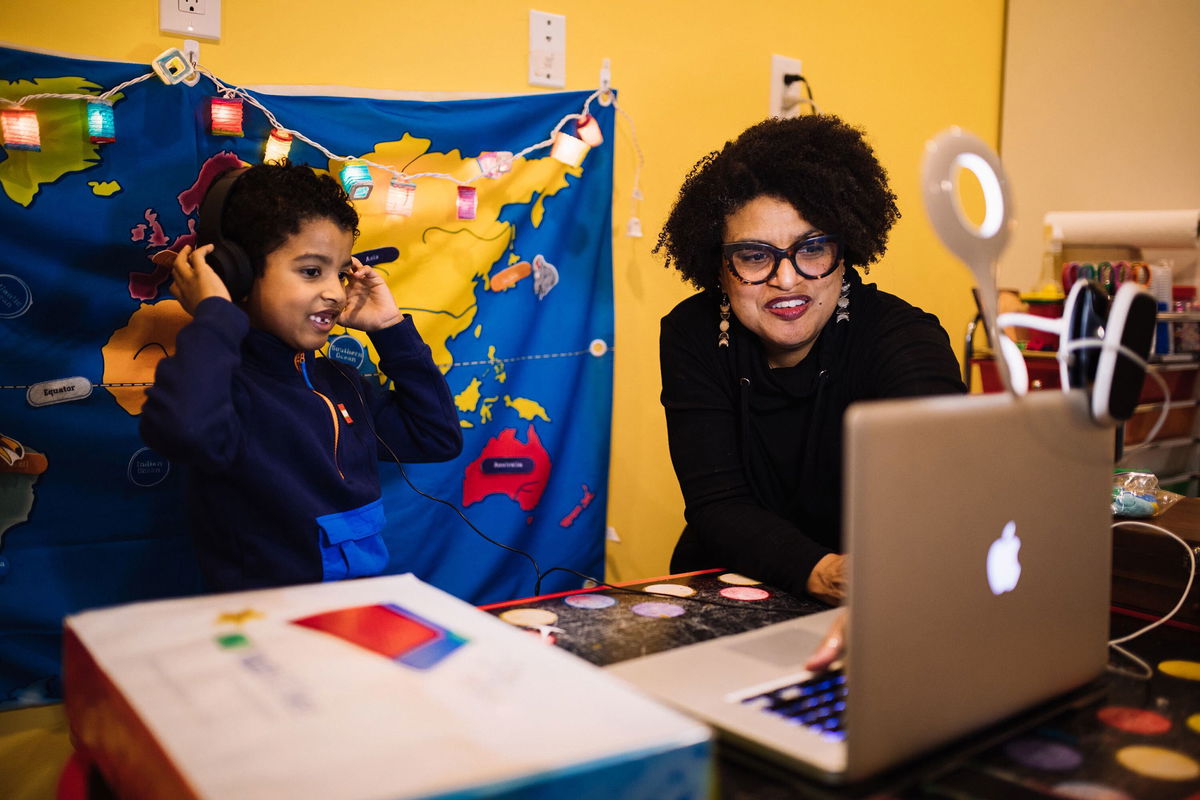 <i>Xueying Chang/CNN</i><br/>Sherri Mehta and her younger son Gabriel prepare for his online speech lesson at their home in Laurel