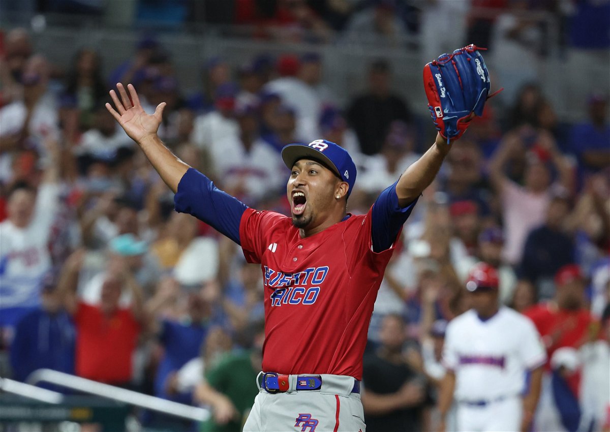 <i>Al Bello/Getty Images</i><br/>Edwin Díaz celebrates against the Dominican Republic.