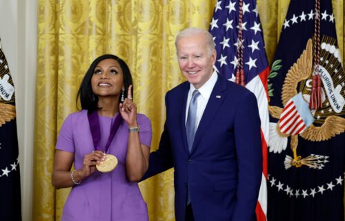 Mindy Kaling (left) received a 2021 National Medal of Arts from President Joe Biden during a ceremony in the East Room of the White House on March 21.