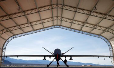 An MQ-9 Reaper remotely piloted aircraft (RPA) is parked in an aircraft shelter at Creech Air Force Base on November 17
