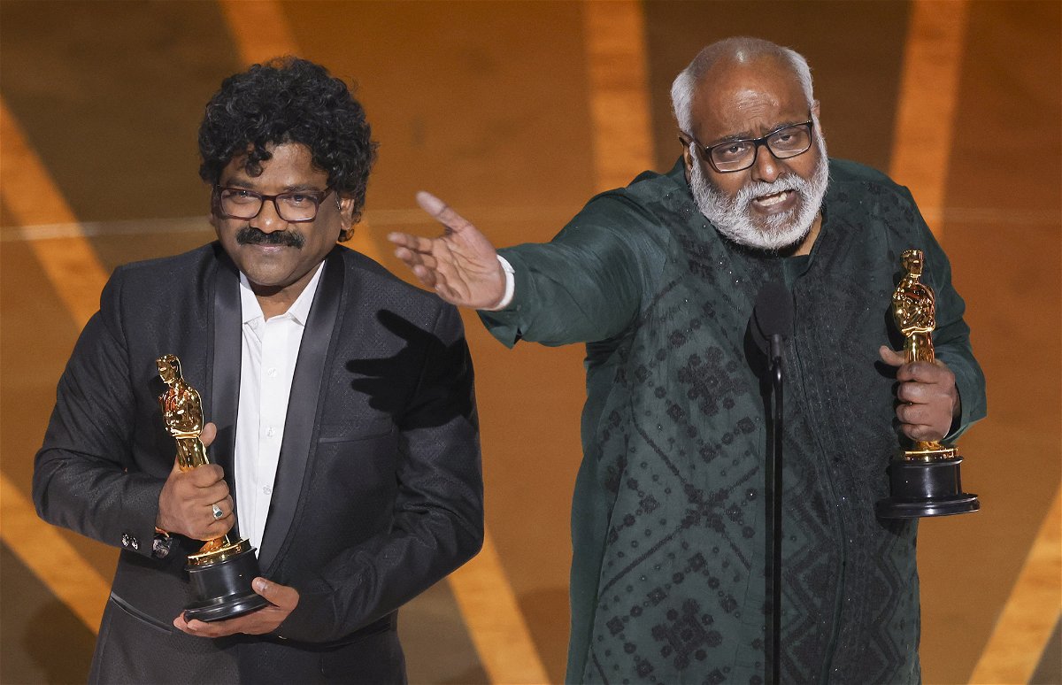 <i>Carlos Barria/Reuters</i><br/>M.M. Keeravani (R) and Chandrabose (L) win the Oscar for Best Original Song for 