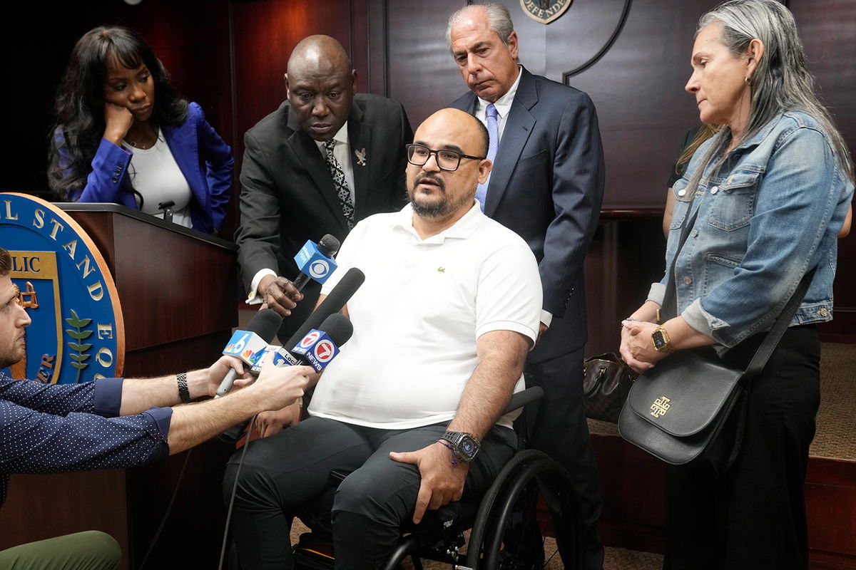 <i>Marta Lavandier/AP</i><br/>Michael Ortiz speaks at a news conference on Wednesday