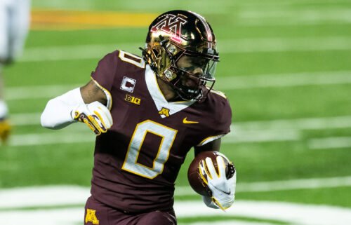 Baltimore Ravens wide receiver Rashod Bateman wearing the #0 jersey when he played in college for the Minnesota Golden Gophers.