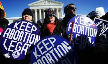 Pro-choice activists hold signs in front of the US Supreme Court on January 22