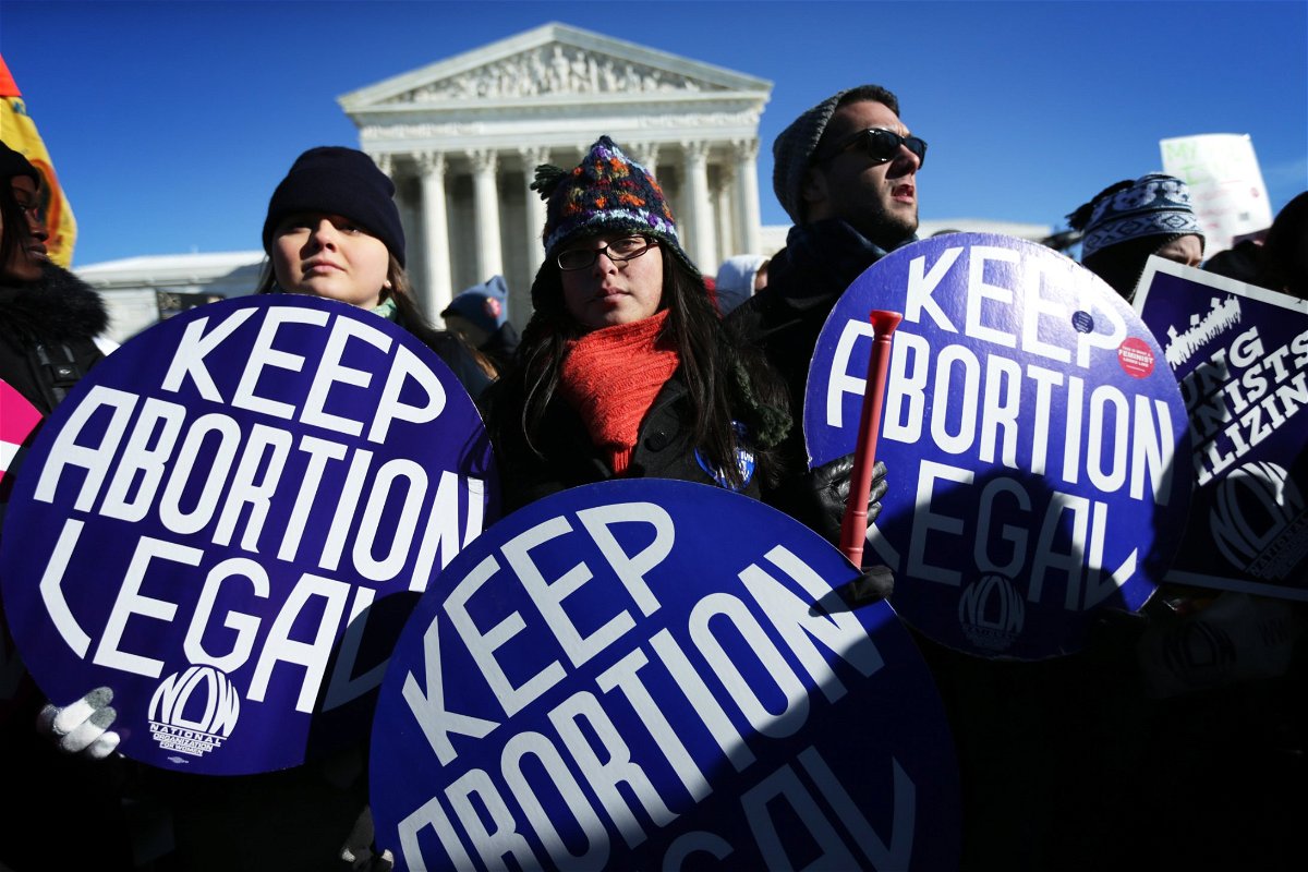 <i>Alex Wong/Getty Images</i><br/>Pro-choice activists hold signs in front of the US Supreme Court on January 22