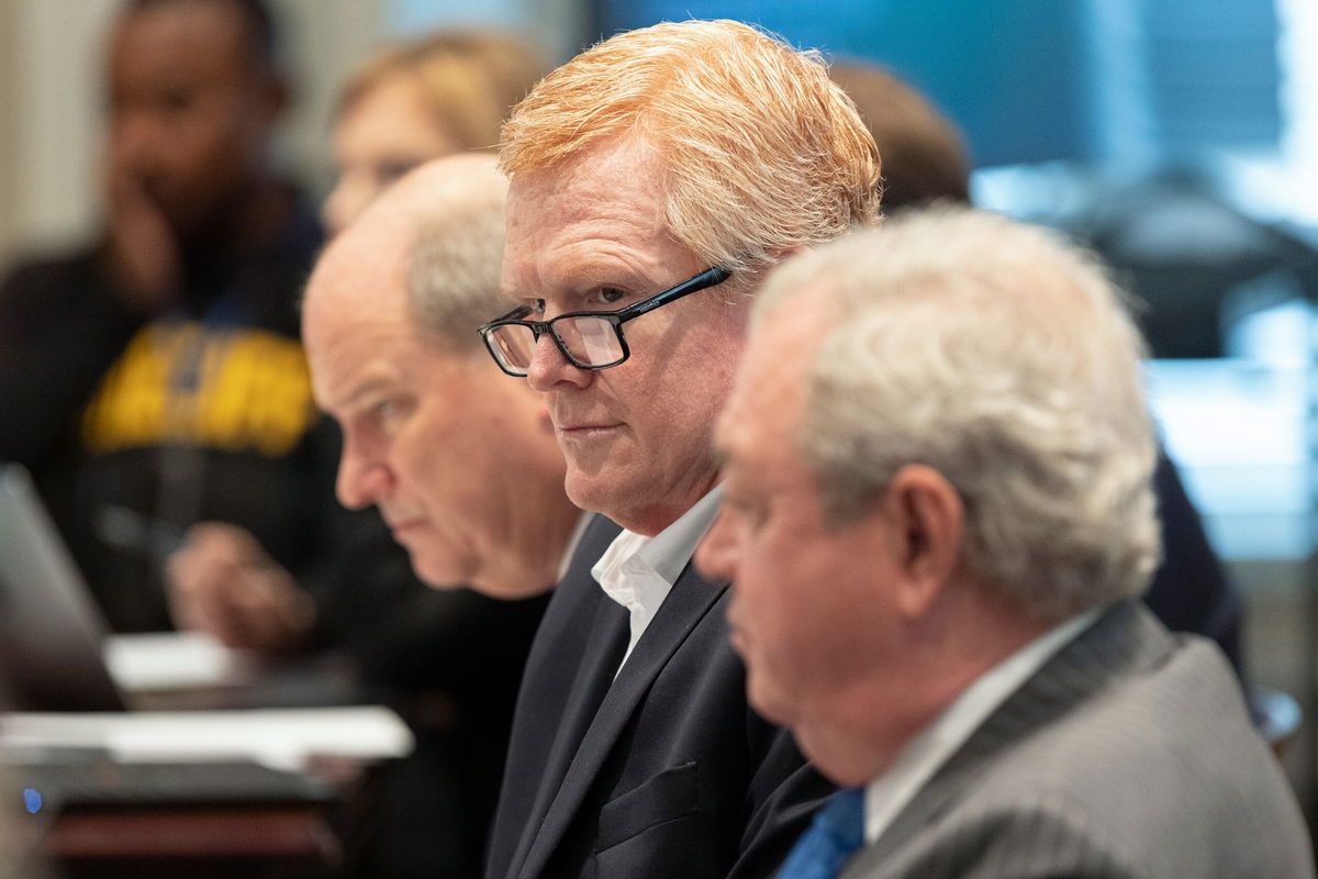 <i>Joshua Boucher/The State/AP</i><br/>Alex Murdaugh listens as prosecutor Creighton Waters makes closing arguments during his double murder trial at the Colleton County Courthouse on March 1