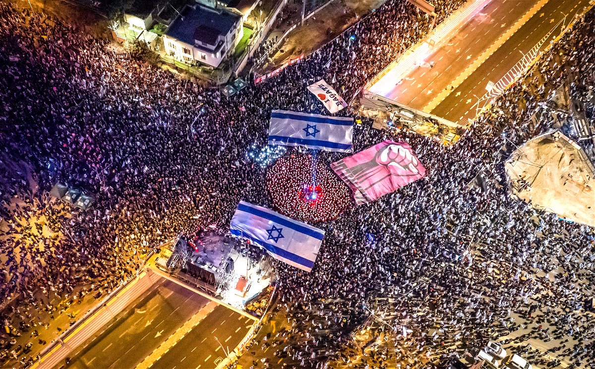 <i>Amir Terkel/Anadolu Agency/Getty Images</i><br/>An aerial view of streets where Israelis take part in the 